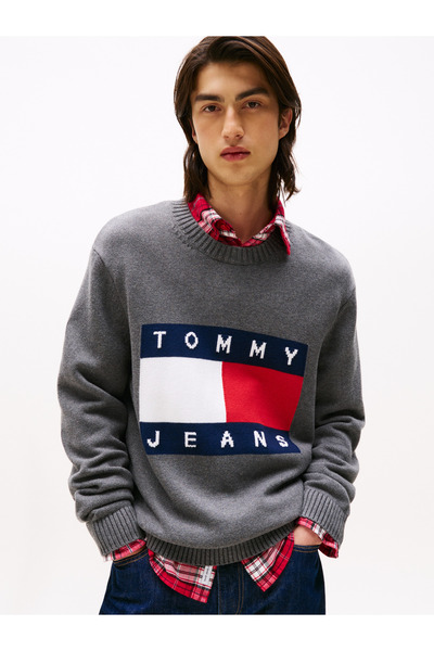 Tommy Jeans % 100 Pamuk Regular Fit Bisiklet Yaka Logolu Kazak Erkek KAZAK DM0DM22105 PU2