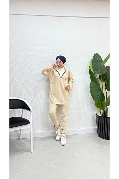 BURCU TESETTÜR Neon Fermuarlı Kapüşonlu Eşofman Takımı TRN2040-1 Krem