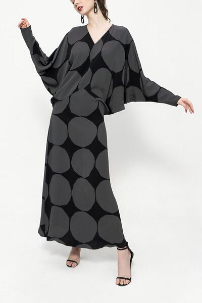 SOCIETA Desenli Yarasa kolu V yaka elbise 94162