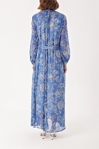 SOCIETA Mavi Pilise detaylı uzun şifon elbise 94303