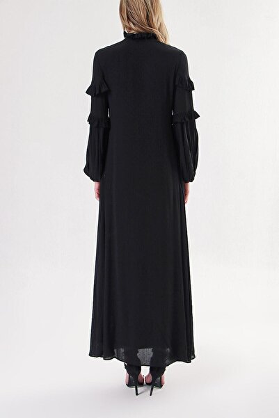 SOCIETA Black Long Dress with Gathered Neckline and Sleeves 94127