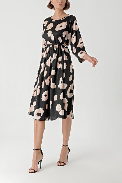 SOCIETA Siyah Bej Loose fit dress with tassel belt detail 94366
