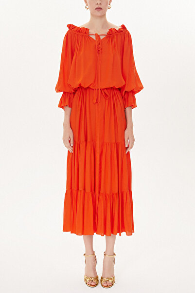 SOCIETA Kırmızı Düşük omuzlu fırfırlı elbise 93465