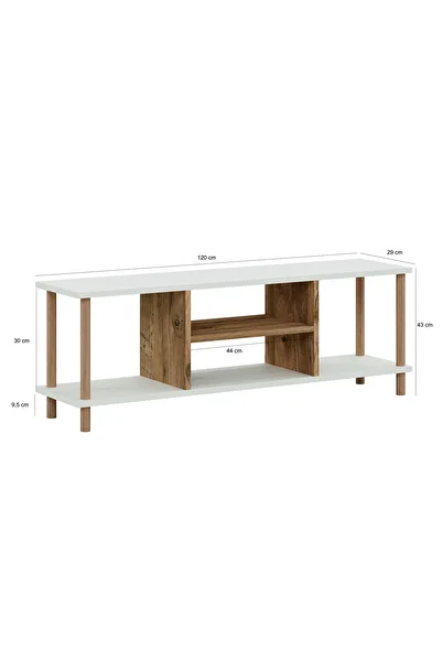 interGO TV Stand With Shelves Wooden Legs - White - Atlantic Pine Pattern