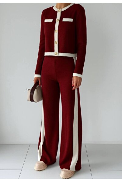 Lusin طقم تريكو نسائي مكون من قطعتين، كارديجان وبنطلون، بلون بوردو مع تفاصيل ...