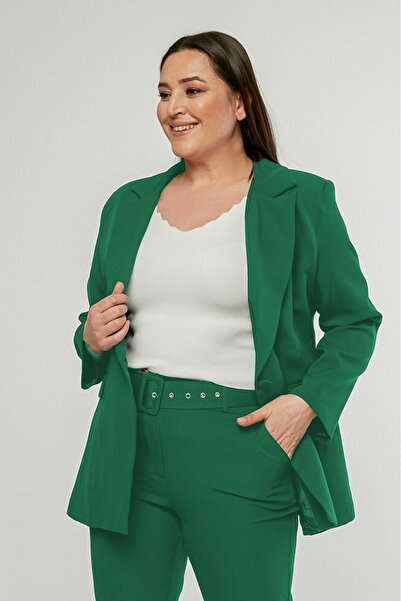SİZ Yeşil Büyük Beden Tek Düğme Ceket Kemerli Cepli Havuç Pantolon Takım Elbise