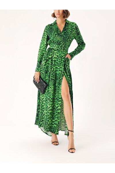 SOCIETA Leopar-Yeşil Büyük cepli kemerli kruvaze elbise 94216