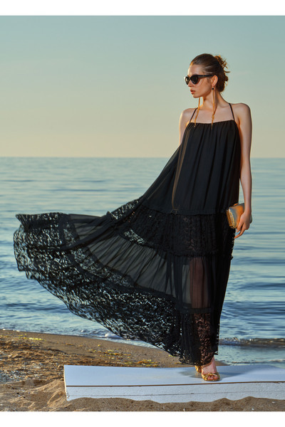 SOCIETA Siyah Askılı bol kesim dantel elbise 93555