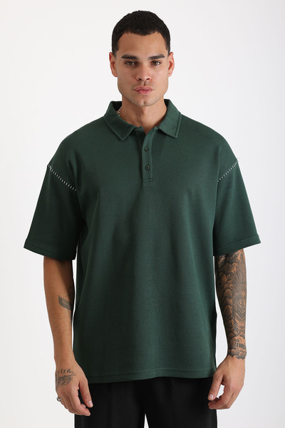 EGHO Shoulder Shepherd Stitch Detail Double Pique Fabric Loose Fit Men's Polo Neck T-Shirt