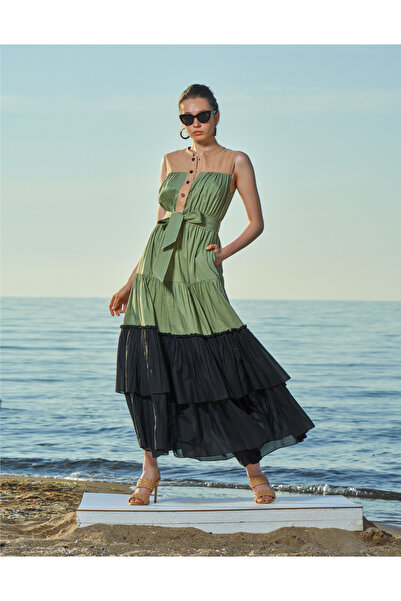 SOCIETA Yeşil Kolsuz büzgülü keten elbise 93541