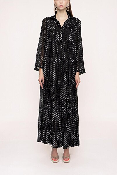 SOCIETA Siyah Bej Büzgülü bol kesim elbise 94027