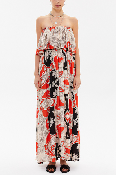 SOCIETA Bej Straplez volanlı uzun elbise 92331