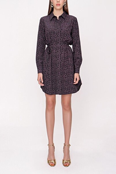 SOCIETA Siyah Mor Kemerli gömlek elbise 94006