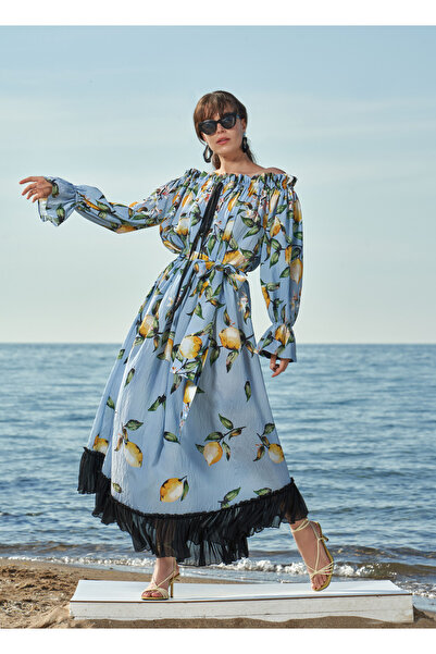 SOCIETA Desenli Omuzu lastikli bol kesim elbise 93557