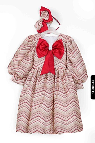 Belladonna Balon Kollu Prenses Kalıplı Şevron Desenli Şapkalı Kız Çocuk Elbis...