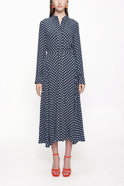 SOCIETA Desenli Hakim yaka beli lastikli gömlek elbise 94091