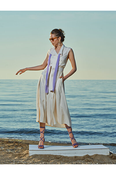 SOCIETA Ekru Kolsuz keten elbise 93536