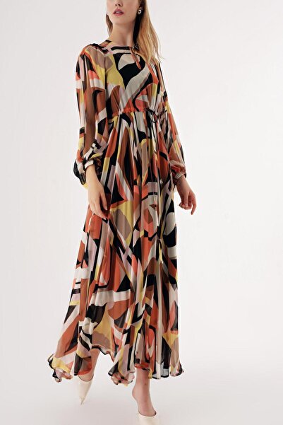SOCIETA Desenli Kolu yırtmaçlı, bağçıklı uzun  elbise 94463