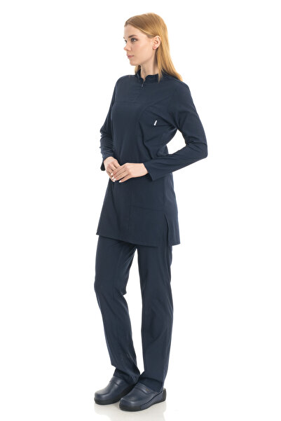 TIPMOD Likralı Lacivert Tunik Tesettür Takım Hemşire Forması Takım