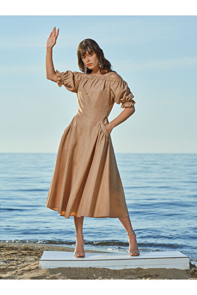SOCIETA Devetüyü Düşük omuz lastikli  keten elbise 93569