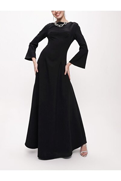 SOCIETA Siyah Belden oturtmalı kolları çan uzun elbise 94138