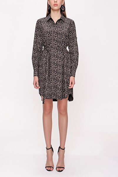 SOCIETA Siyah Gri Kemerli gömlek elbise 94006