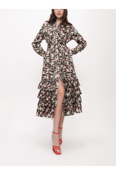 SOCIETA Kamuflaj Fırfırlı uzun gömlek elbise 93979