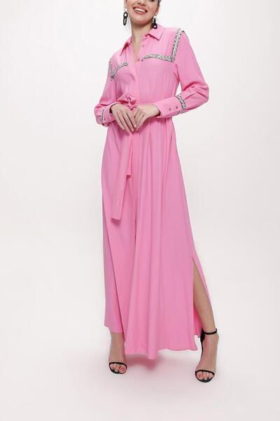 SOCIETA Pembe Şerit aksesuarlı kemerli uzun gömlek elbise 94153