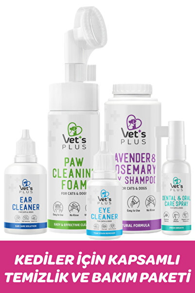 Vet's Plus Kediler İçin Kapsamlı Temizlik ve Bakım Paketi - Kuru Şampuan, Göz...