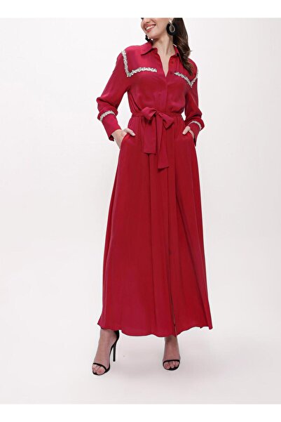 SOCIETA Bordo Şerit aksesuarlı kemerli uzun gömlek elbise 94153