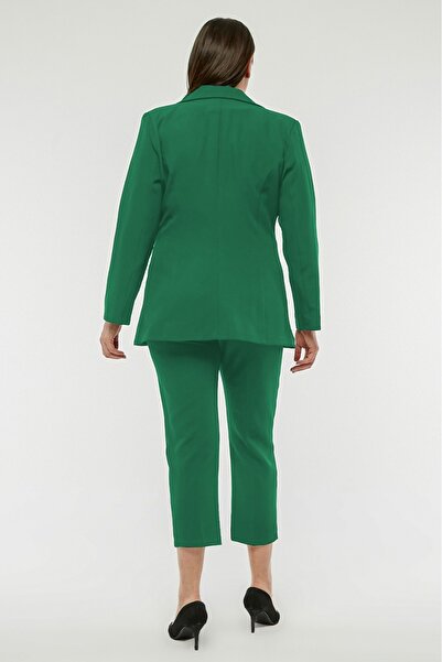 SİZ Yeşil Büyük Beden Tek Düğme Ceket Kemerli Cepli Havuç Pantolon Takım Elbise