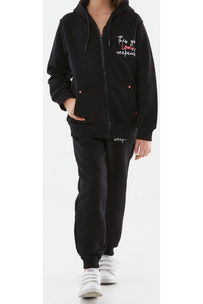 İrem Çocuk Giyim Girl's This Girl Written Zippered Three Thread Hooded Tracksuit Set
