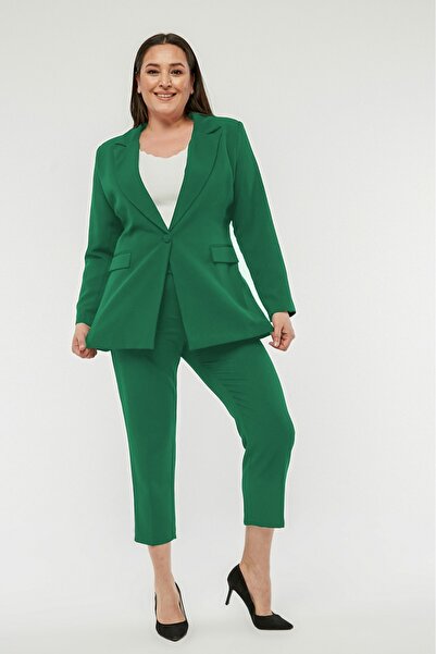 SİZ Yeşil Büyük Beden Tek Düğme Ceket Kemerli Cepli Havuç Pantolon Takım Elbise