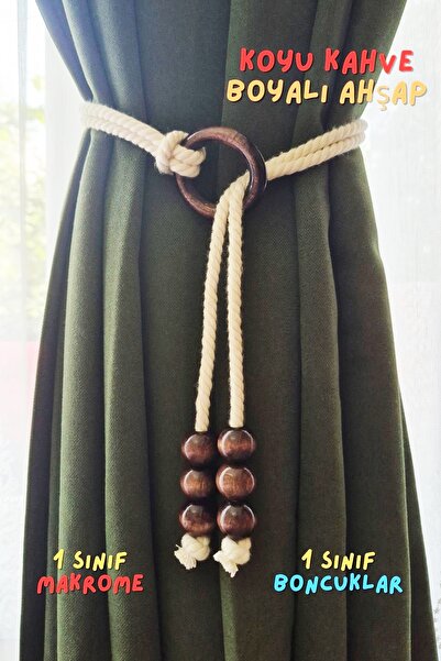 Armashine Kahve Ahşap Tül Perde Tutucu Halkalı Boncuklu Makrome Bağı – Fon Perde Bağlama Braçol (1 Adet)