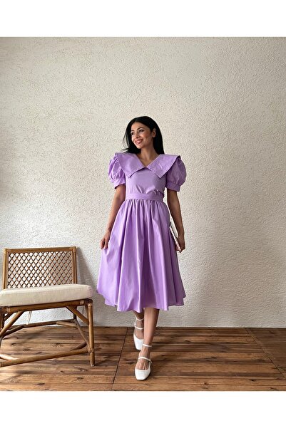 KÜÇÜĞÜM BUTİK Lila Büyük Yakalı Kloş Poplin Elbise
