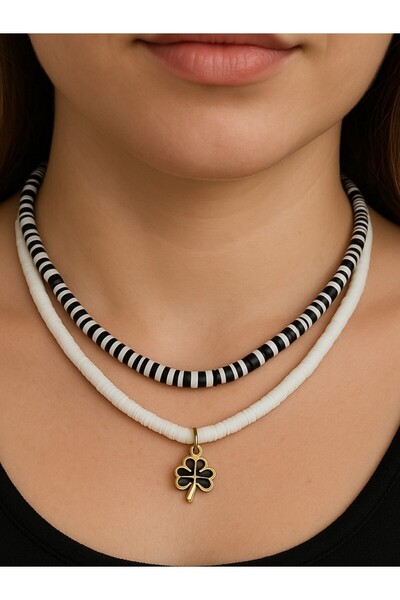 Fun Life مجموعة قلادة من خرز فيمو باللونين الأبيض والأسود – شانكس كلوفر