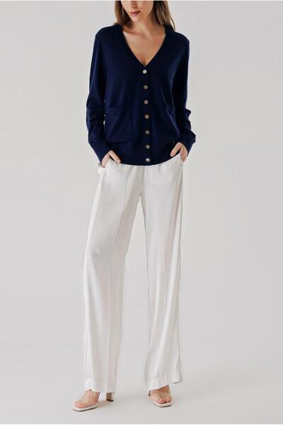 SOCIETA Lacivert V yaka yünlü uzun triko hırka 28867