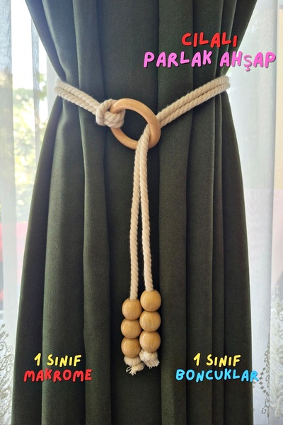 Armashine Cilalı Ahşap Perde Tutucu Halkalı Boncuklu Makrome Bağı – Bohem Fon Perde Bağlama Braçol (1 Adet)