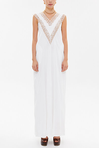 SOCIETA Beyaz V yaka dantelli uzun elbise 92254