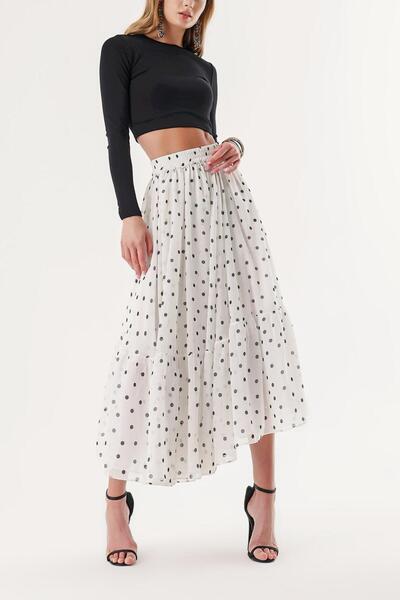SOCIETA Puantiyeli Pileli beli lastikli uzun etek 81245