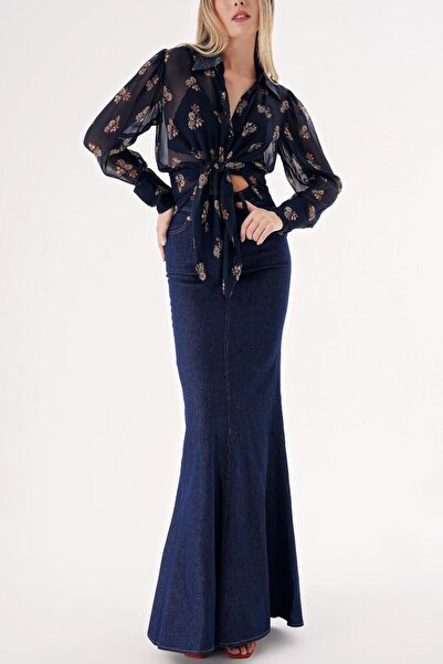 SOCIETA Lacivert Yakası taş detaylı gömlek 10842