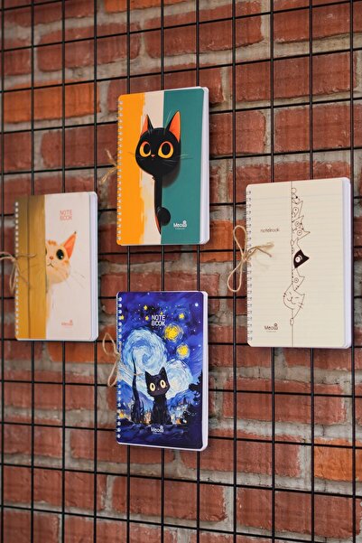 DİVAL A5 Spiral Cardboard Cover Set of 4 - 2 Squared, 2 Lined, Lesson Planned Note School Notebook - with Meow Cat