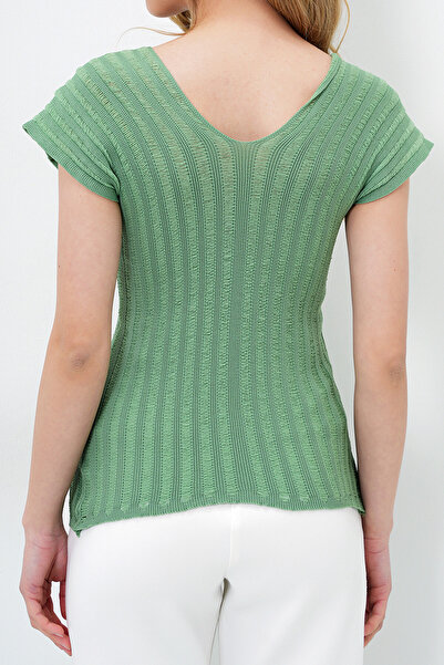 VAGGON Γυναικεία Πράσινη Φιστίκι Μπροστινή Πίσω Πλεκτή Μπλούζα με λαιμόκοψη V με λαιμόκοψη Prmx14147