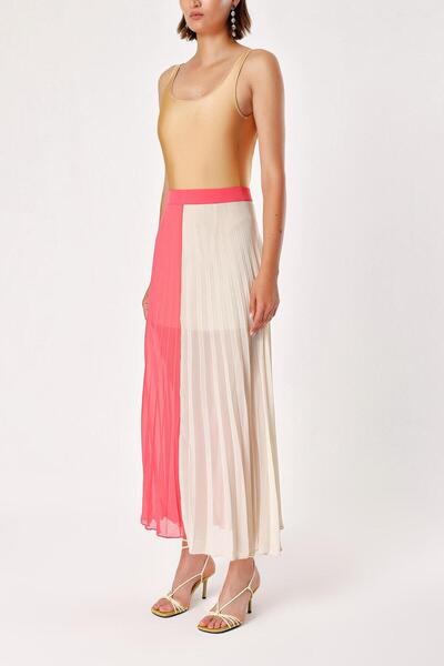 SOCIETA Beige Red Pleated zipper long skirt 80503