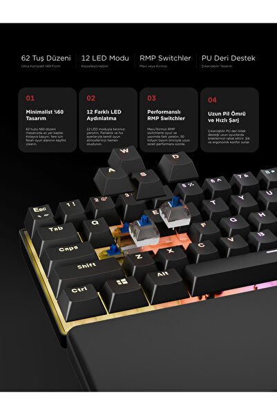 Rampage Plower Mini Oyuncu Klavyesi Mekanik Klavye Bilek Destekli Blue Switch Gaming Klavye Oyuncu Klvye