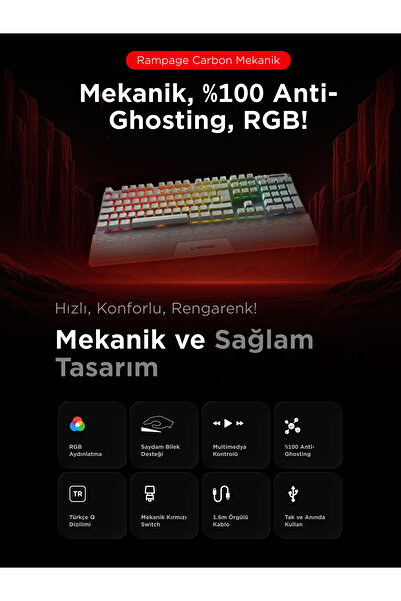 Rampage Carbon Rgb Red Switch Bilek Destekli Hot Swap Gaming Klavye Mekanik Klavye Oyuncu Klavyesi-beyaz