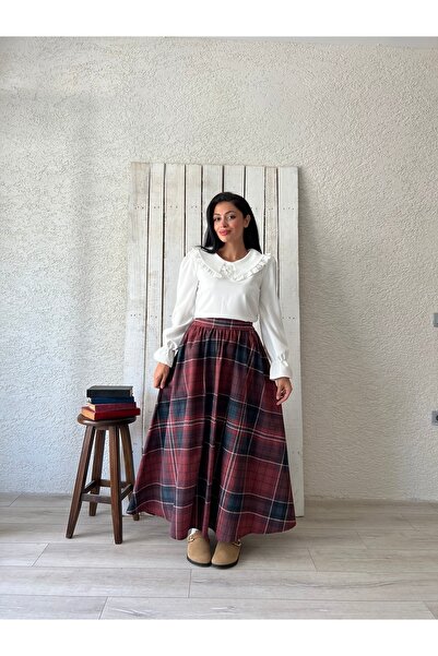 KÜÇÜĞÜM BUTİK Plaid Patterned Brown and Claret Red Flared Skirt