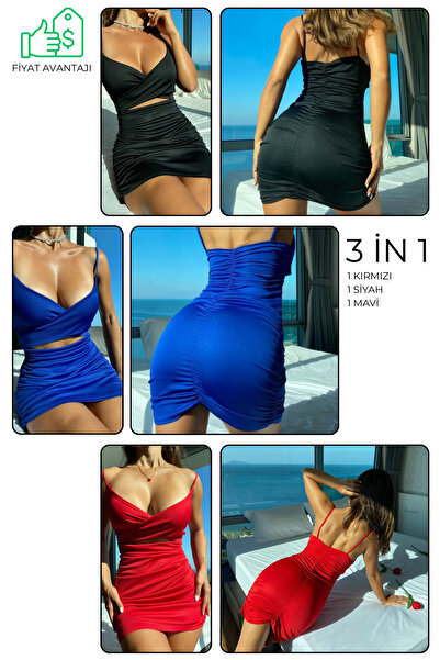 BLACK PREMİUM MAVİ KIRMIZI SİYAH 3,Ü 1 ARADA MİNİ GECE ELBİSE BÜZGÜLÜ