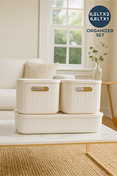 HOMİNG Homing Ekru Krem 3'lü Kapaklı Organizer Seti 2x6.2lt ve 1x6.8 lt