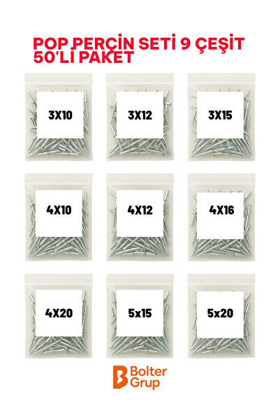 Genel Markalar Alüminyum Pop Perçin Seti – 9 Farklı Ölçü – 50’li Paket Toplam 450 Adet